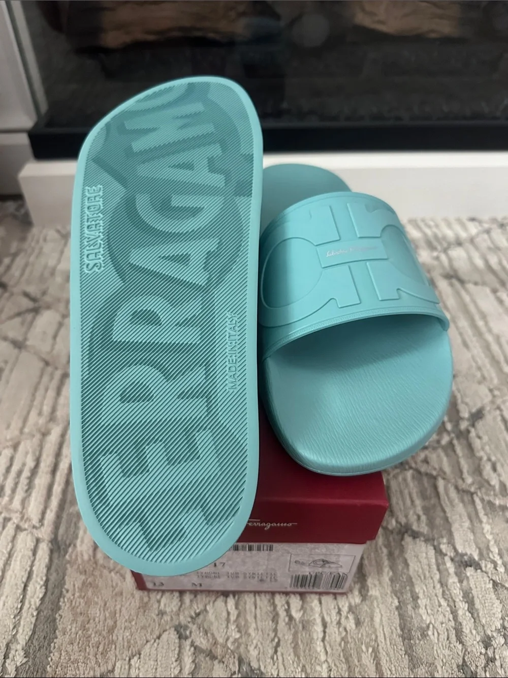 Salvatore Ferragamo Turquoise Logo Slide Sandals